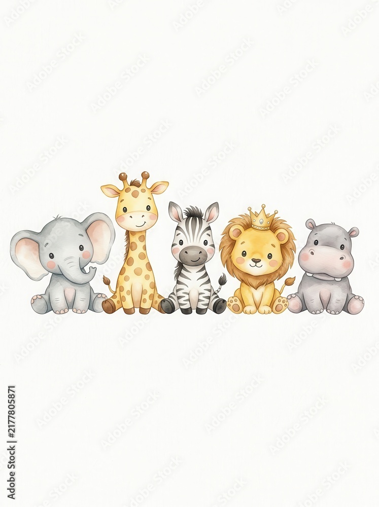 Obraz premium Cute Watercolor Safari Baby Animals Collection - Elephant, Giraffe, Zebra, Lion, and Hippo Illustration for Nursery Decor