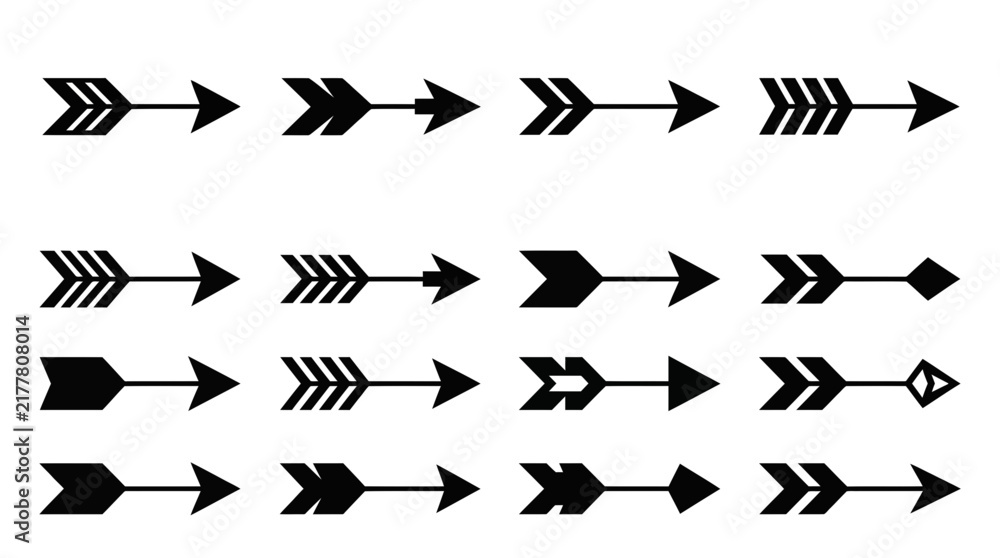 Fototapeta premium Collection of black arrow icons and geometric pointers on white background, perfect for UI design, infographic layouts and presentation slides