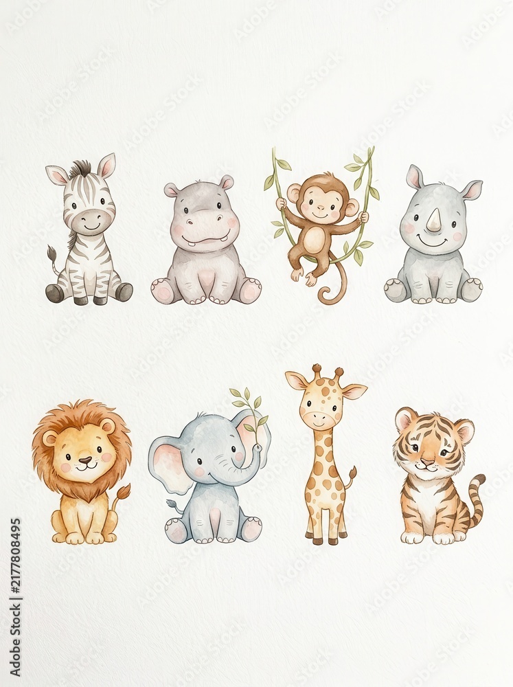 Obraz premium Watercolor Safari Baby Animals Set - Cute Lion Elephant Giraffe Zebra Tiger Hippo Monkey Rhino Illustrations for Nursery