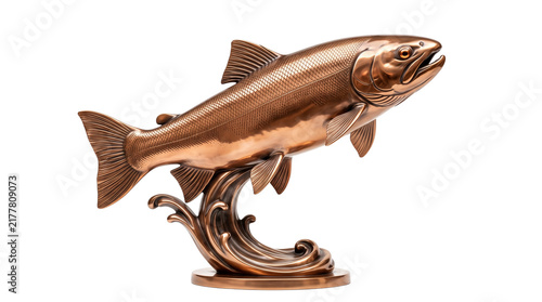 Bronze Salmon Sculpture, Shiny Metal Fish Statue, 3D Jumping Trout Model on Wave Base, Anatomical Metal Art Craft Object