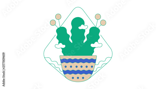 cactus plant in pot with green leaves and blue patterns