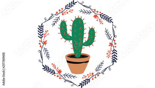 cactus plant in pot with floral wreath