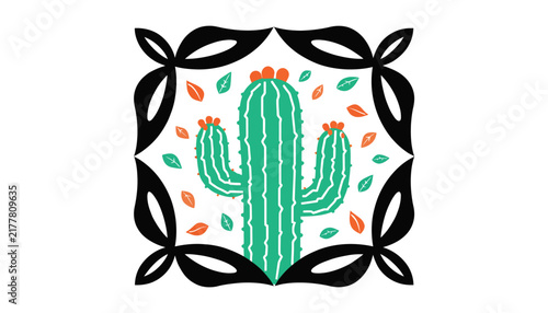 cactus plant with flowers and leaves in black square frame