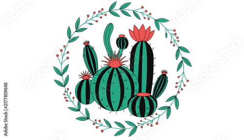 cactus plants with flowers in a wreath