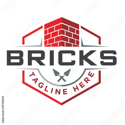 Masonry brick wall with trowel for construction logo 