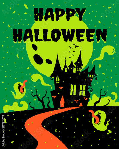 Happy Halloween greeting card design with spooky haunted castle on a hill, full moon, and funny ghosts in hand drawn vector style.