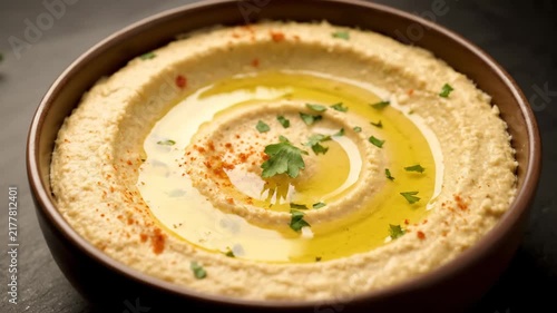 Appetizing close-up of creamy hummus dip garnished with olive oil, paprika, and cilantro served in a rustic bowl against a dark background.