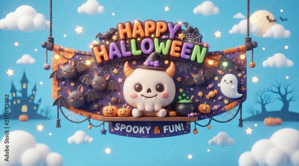 Naklejka premium Cute 3D Halloween Banner Sky Blue Background Round Skull Character Wide Eyes Tiny Fangs Floating Bats Happy Halloween Text