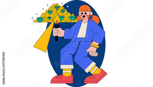cartoon woman holding microphone with money