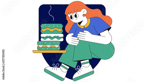 cartoon woman holding stomach with cake