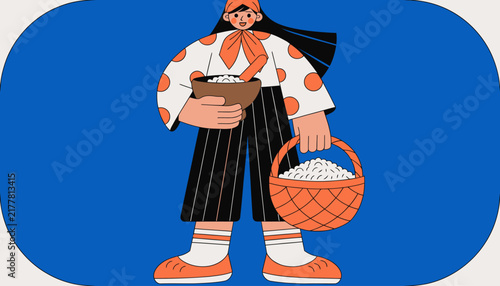 cartoon woman holding basket and bowl of eggs