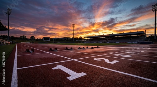 A dramatic photograph captures an outdoor running track at sunrise. The track is marked with white lane numbers, prominently displaying the number '1'.