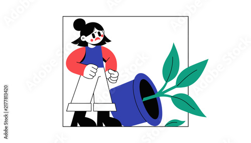 Cartoon woman holding flower pot with green plant