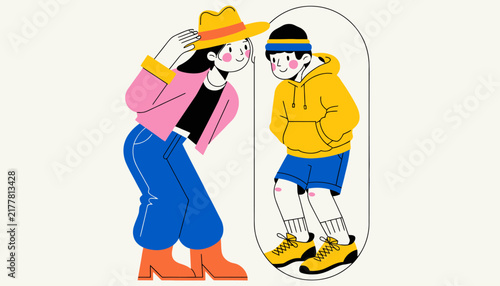 cartoon woman looking at man through magnifying glass, isolated on transparent background