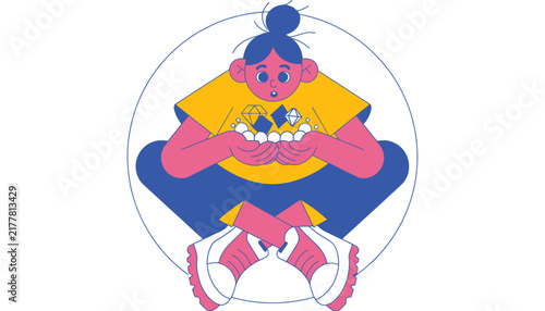 cartoon woman meditating with flower isolated