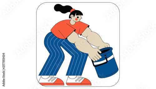 cartoon woman lifting bucket, isolated on transparent background