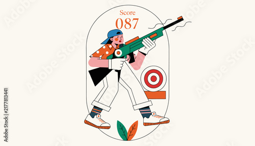 Cartoon woman playing shooting game with high score