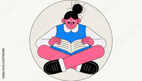 cartoon woman reading book sitting cross-legged