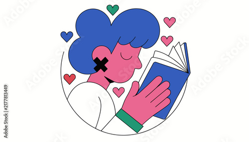 cartoon woman reading book with hearts