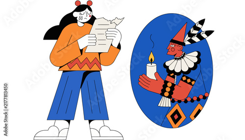 cartoon woman reading newspaper, surreal portrait