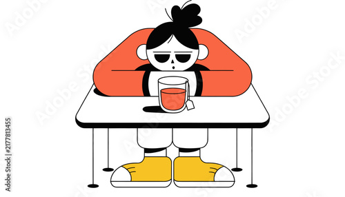 cartoon woman relaxing with drink on table