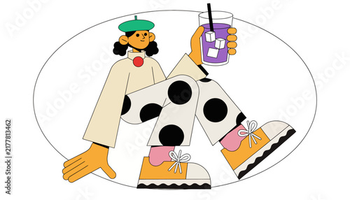 cartoon woman sitting with purple drink