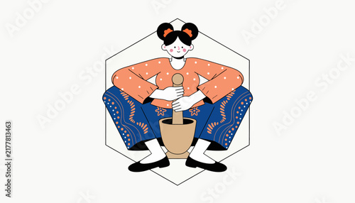 cartoon woman sitting with mortar and pestle