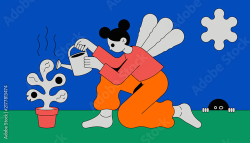 cartoon woman watering a potted plant