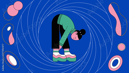 cartoon woman stretching in blue swirl background
