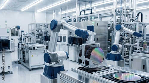 Two robotic arms meticulously handle a silicon wafer on a precision stage within a cleanroom environment.