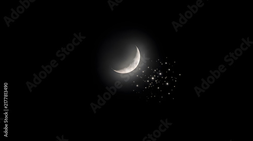 A glowing crescent moon surrounded by a cluster of bright sparkling stars set against a deep dark black night sky background for design