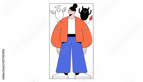 cartoon woman with angel and demon, symbolizing good and evil
