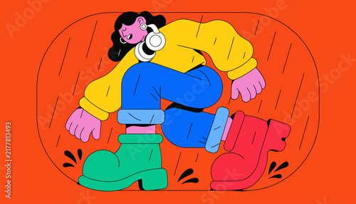 cartoon woman wearing mismatched shoes and gas mask