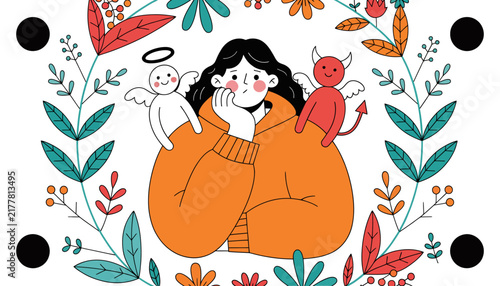 Cartoon woman with angel and devil on shoulders, surrounded by floral pattern