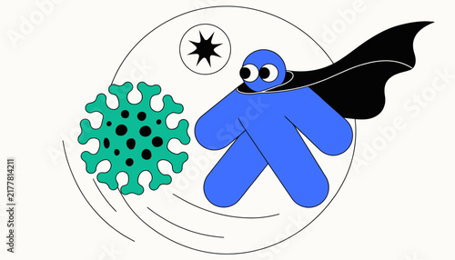 Cartoon superhero fighting coronavirus, virus protection concept