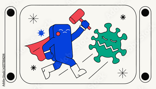 cartoon superhero fighting green virus with hammer