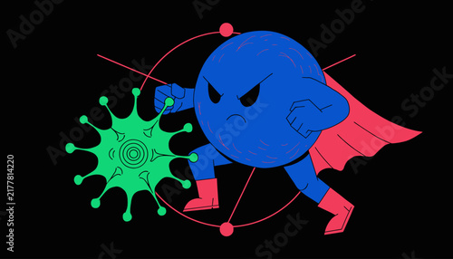 Cartoon superhero fighting green virus, symbolizing health and protection