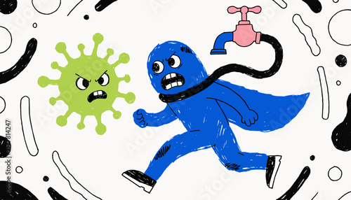 cartoon superhero running from virus and faucet