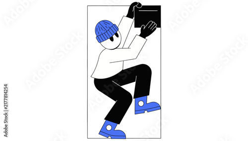 Cartoon Thief Climbs Wall Isolated Transparent Background, Stealthy Intruder Concept