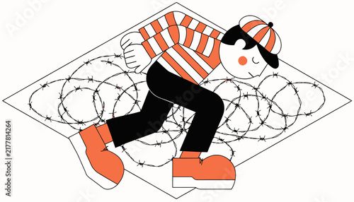 cartoon thief crawling through barbed wire, orange and black