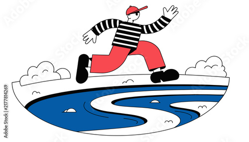 Cartoon thief running on ice river