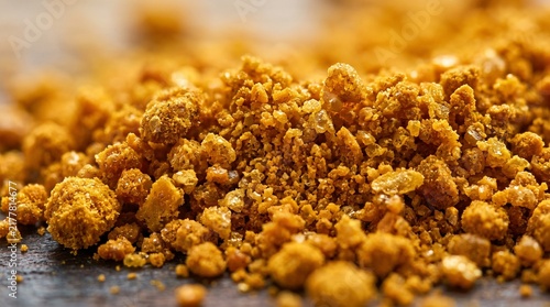 Macro photograph of turmeric powder pile resting on wooden surface displaying fine organic granules