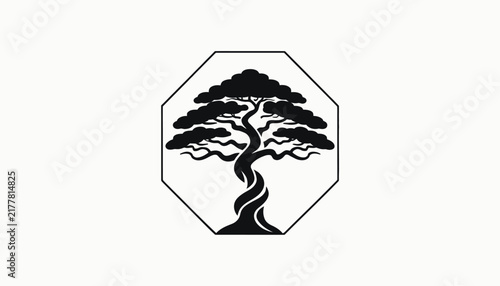 black tree logo, tree silhouette in octagon frame
