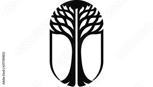 black tree logo, simple silhouette, oval shape