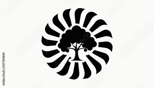 black tree logo with sun rays, eco symbol