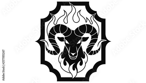 black ram head with flames, zodiac symbol