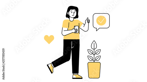 A flat vector illustration of a happy woman holding a smartphone and giving a thumbs up next to a speech bubble with a checkmark, indicating success in mobile learning