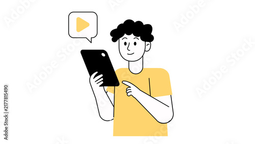A flat vector illustration of a man using a digital tablet and pointing at a speech bubble with a play icon, symbolizing video-based mobile learning