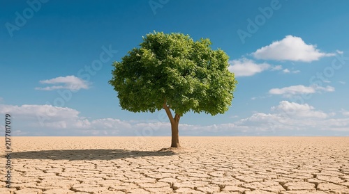 Tree in a dry desert landscape showing cracked earth as a symbol of climate change global warming and environment