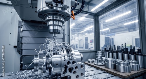 A CNC milling machine precisely cuts a complex gear from a large aluminum block. Sparks fly as the cutting tool removes material.
